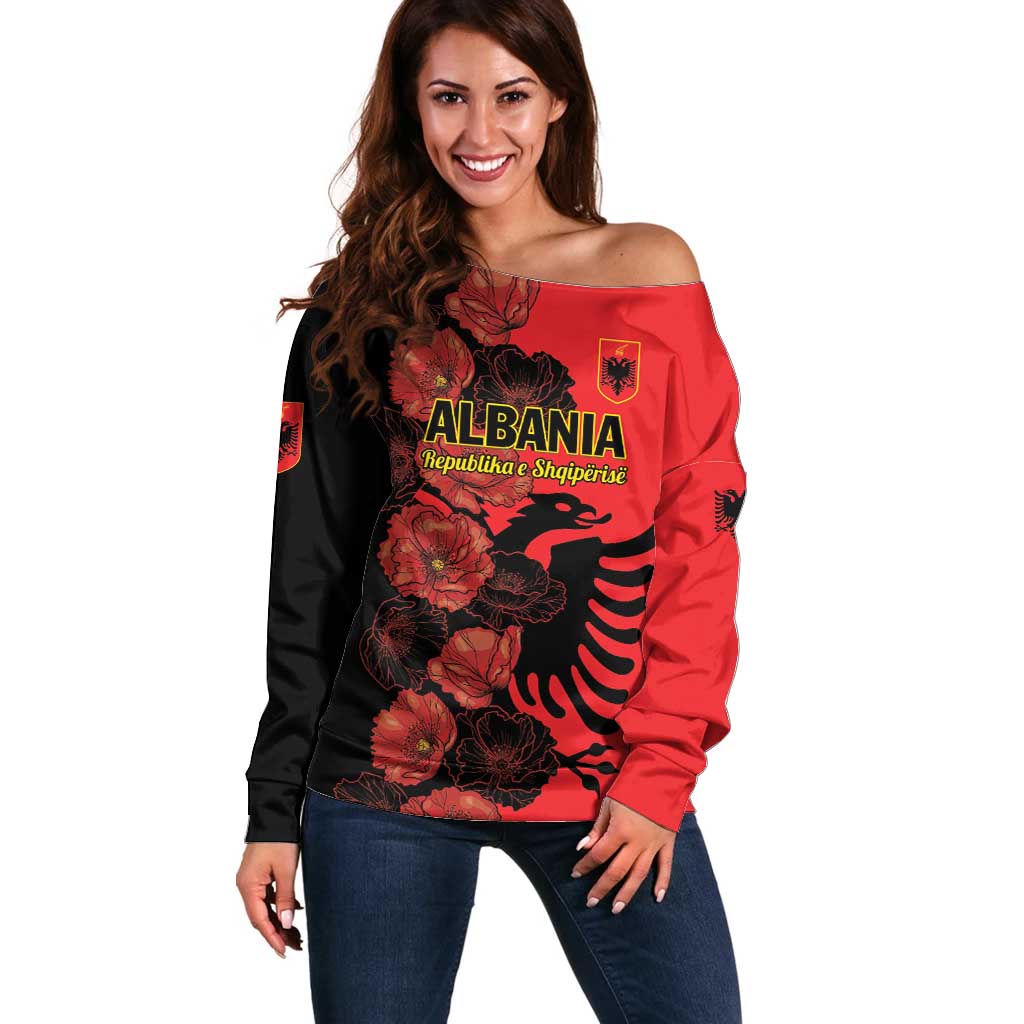 Personalised Albania Eagle Off Shoulder Sweater Red Poppy Flowers - Wonder Print Shop