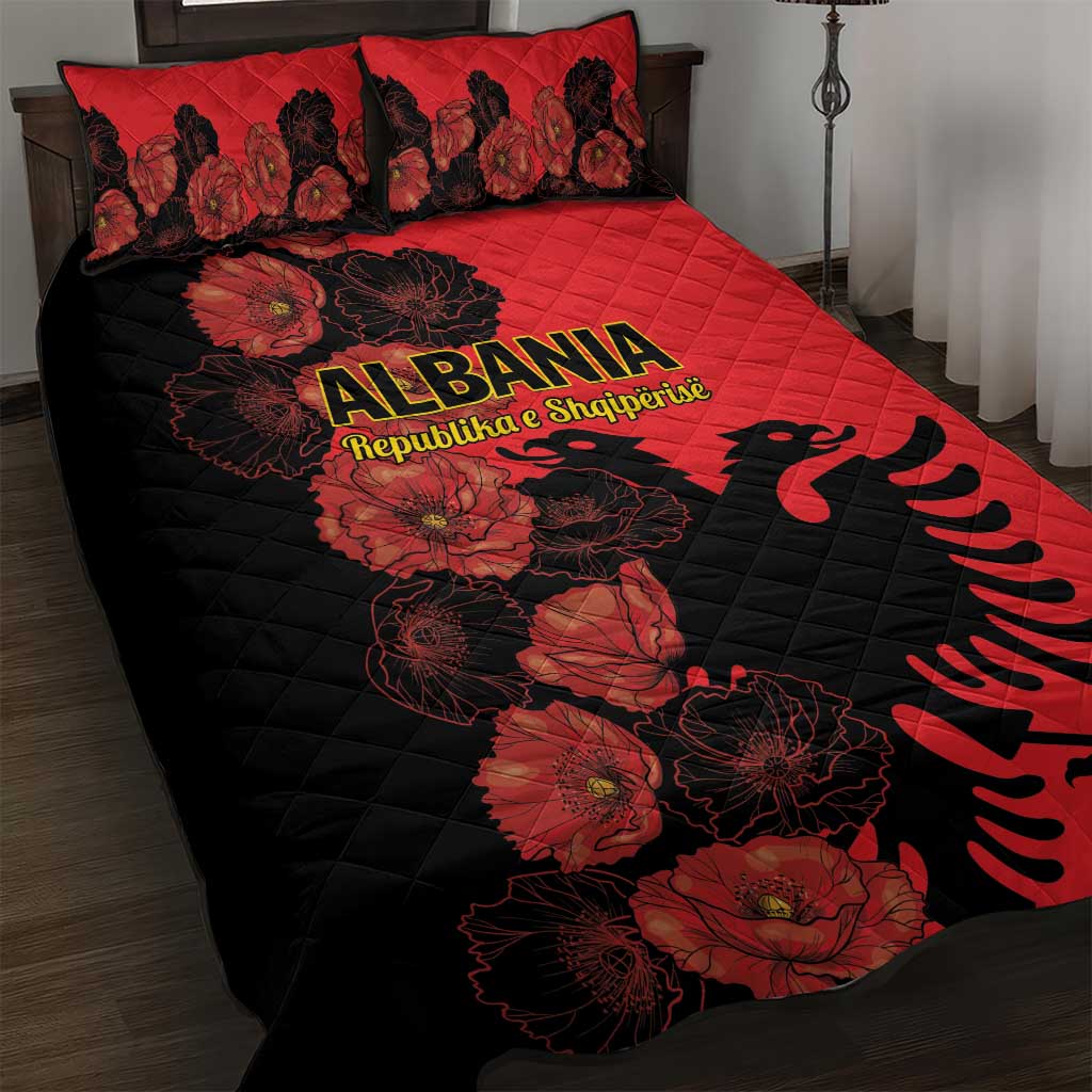 Albania Eagle Quilt Bed Set Red Poppy Flowers - Wonder Print Shop