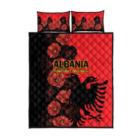 Red and black quilt bed set with two pillowcases, floral poppy print and Albania eagle design