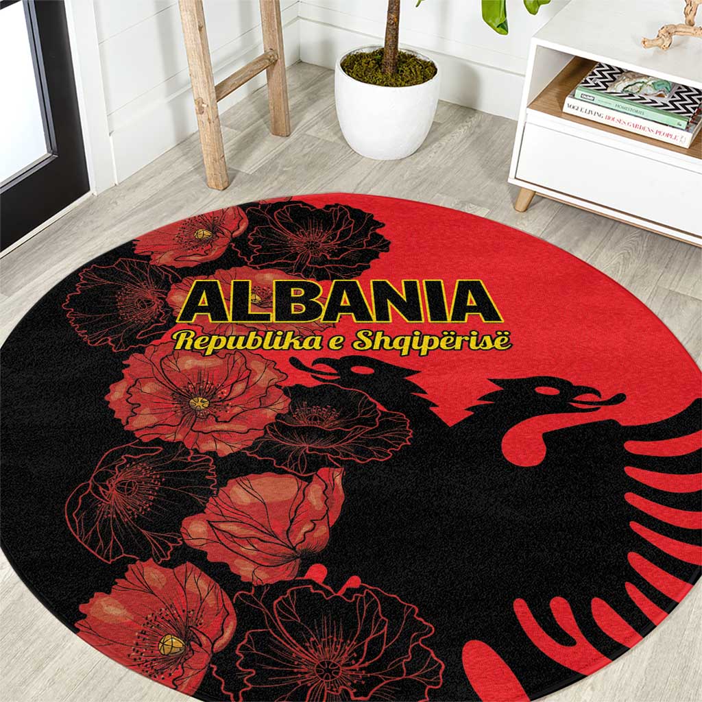 Albania Eagle Round Carpet Red Poppy Flowers