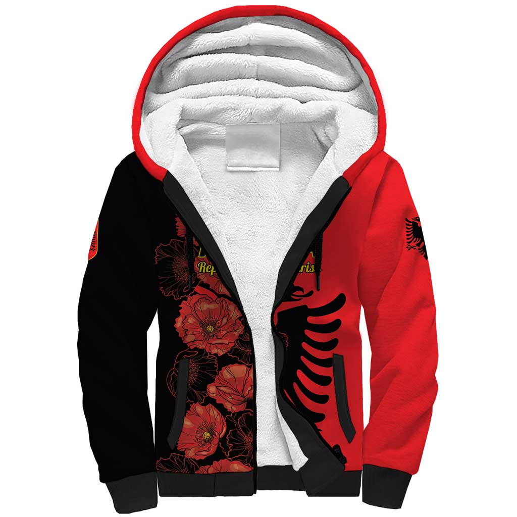 Personalised Albania Eagle Sherpa Hoodie Red Poppy Flowers - Wonder Print Shop