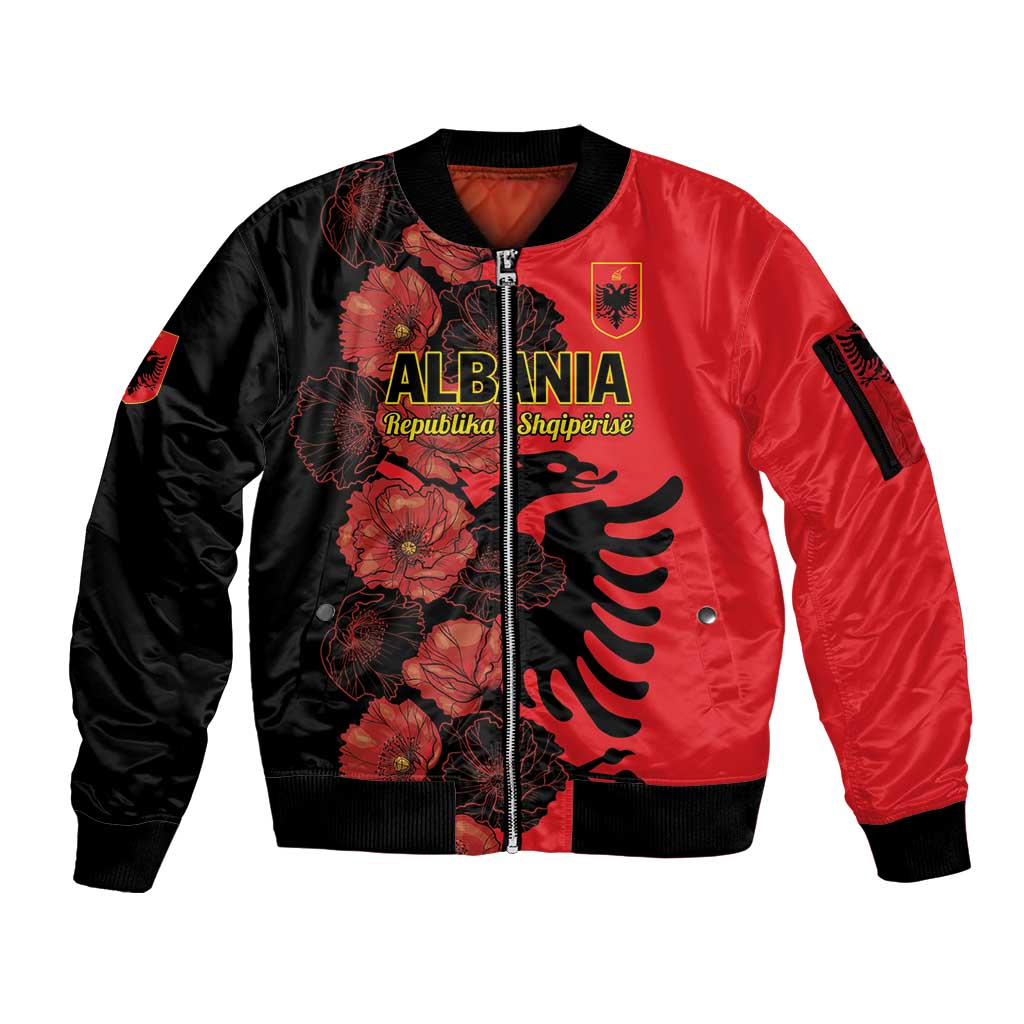 Personalised Albania Eagle Sleeve Zip Bomber Jacket Red Poppy Flowers - Wonder Print Shop