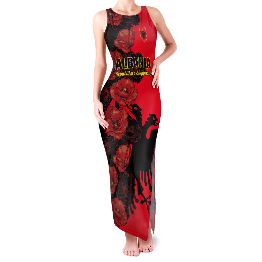 Personalised Albania Eagle Tank Maxi Dress Red Poppy Flowers - Wonder Print Shop