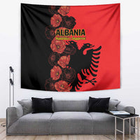 Albania wall tapestry in black and red with floral poppy wreath and eagle emblem