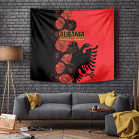 Albania wall tapestry, black-left and red-right, floral poppies with double-headed eagle