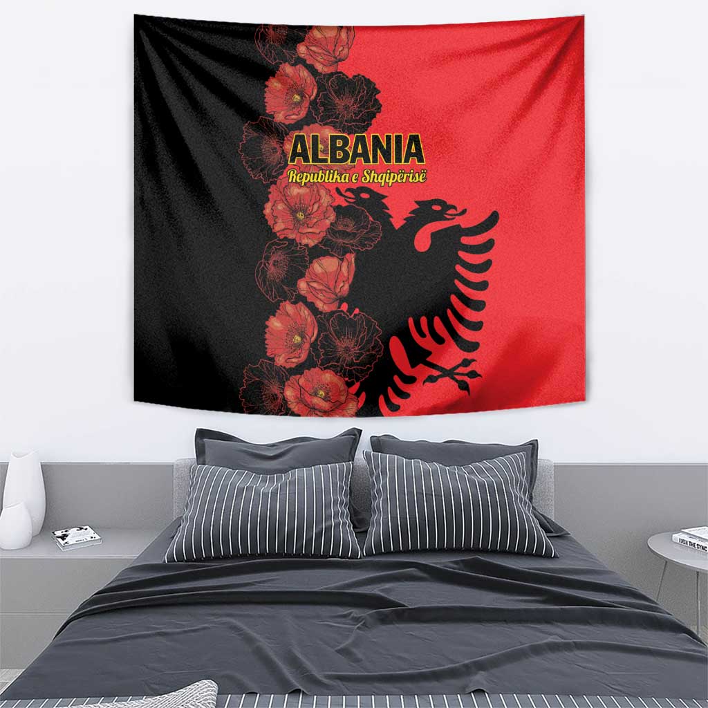 Albania tapestry with floral poppies on black side, red side, and eagle graphic centerpiece