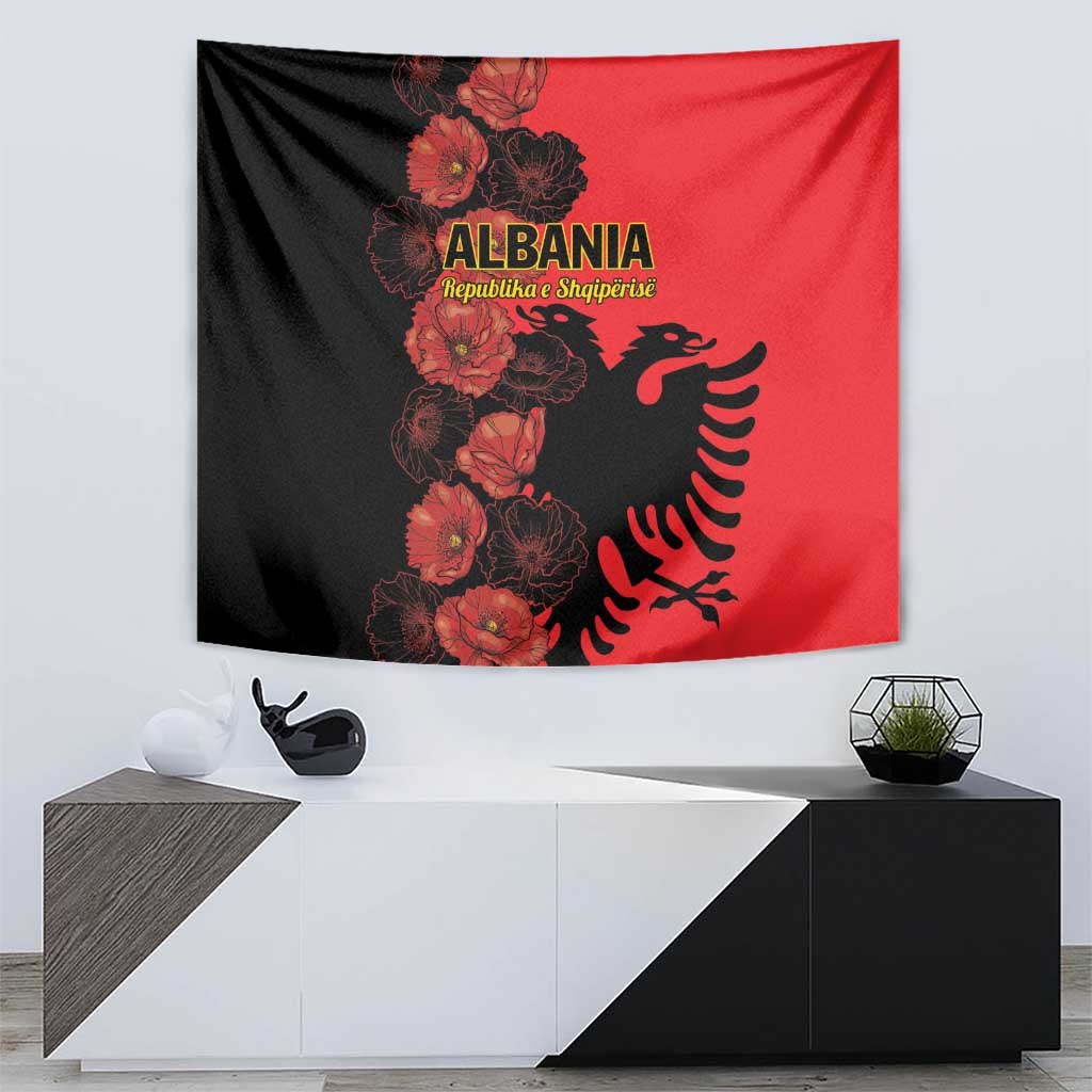 Albania tapestry in black and red with vertical poppy bouquet and double-headed eagle