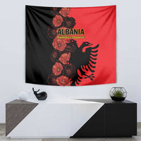 Albania tapestry in black and red with vertical poppy bouquet and double-headed eagle