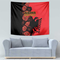 Albania tapestry with bold poppy flowers, Albanian text, black-left and red-right sides
