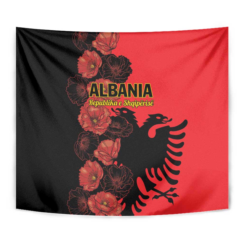 Close-up Albania wall tapestry: black-left, red-right, floral poppies and eagle emblem