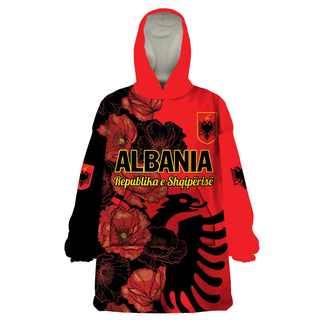 Personalised Albania Eagle Wearable Blanket Hoodie Red Poppy Flowers - Wonder Print Shop