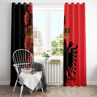 Hanging window curtains in red and black with poppy florals and eagle emblem