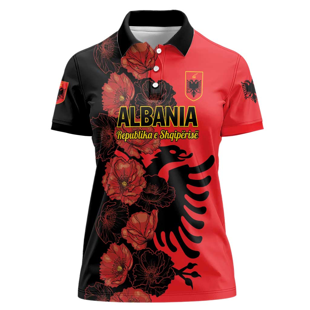 Personalised Albania Eagle Women Polo Shirt Red Poppy Flowers - Wonder Print Shop