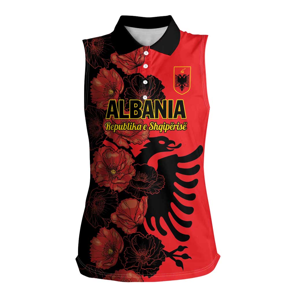 Personalised Albania Eagle Women Sleeveless Polo Shirt Red Poppy Flowers - Wonder Print Shop