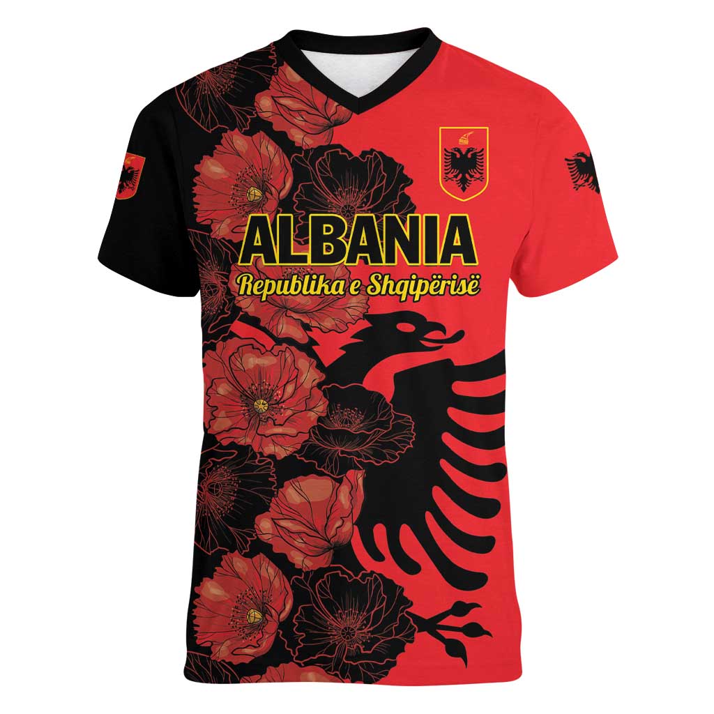 Personalised Albania Eagle Women V-Neck T-Shirt Red Poppy Flowers - Wonder Print Shop