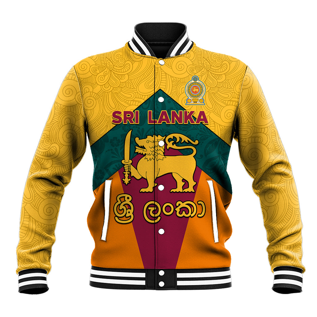 Yellow baseball jacket with striped collar, gold pattern, Sri Lanka-style flag front graphic