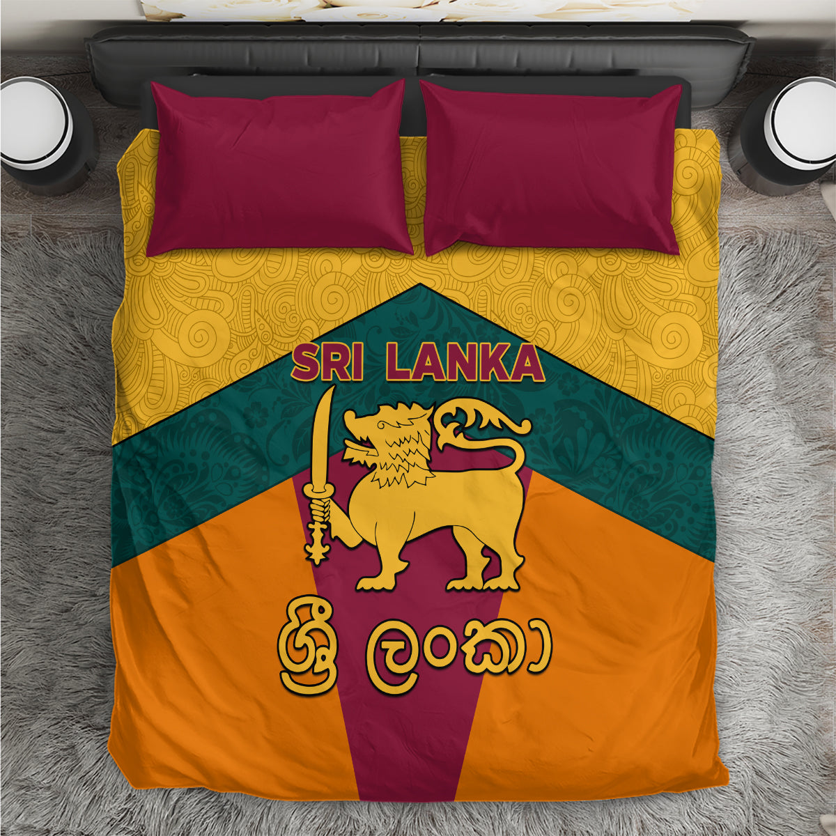 Sri Lanka bedding set with two magenta pillows and lion flag duvet cover