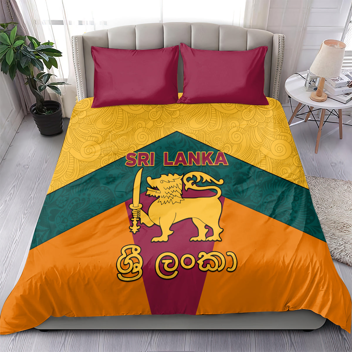 Sri Lanka bedding set with two magenta pillows and gold/orange/teal lion flag duvet