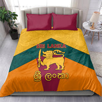 Sri Lanka bedding set with two magenta pillows and gold/orange/teal lion flag duvet