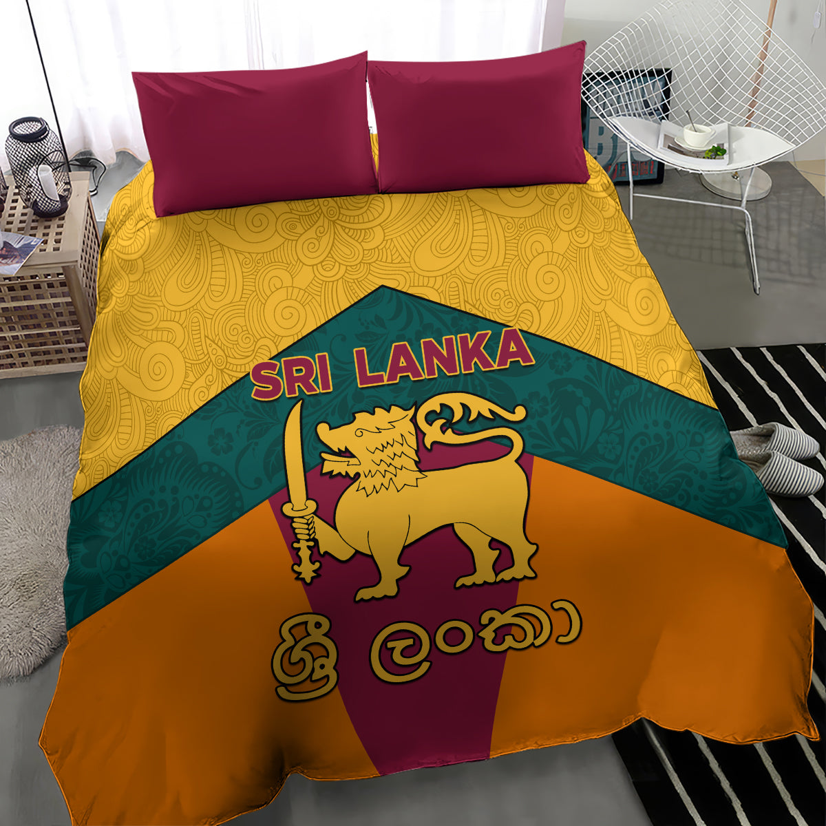 Sri Lanka bedding set with two magenta pillows and centered lion emblem flag duvet