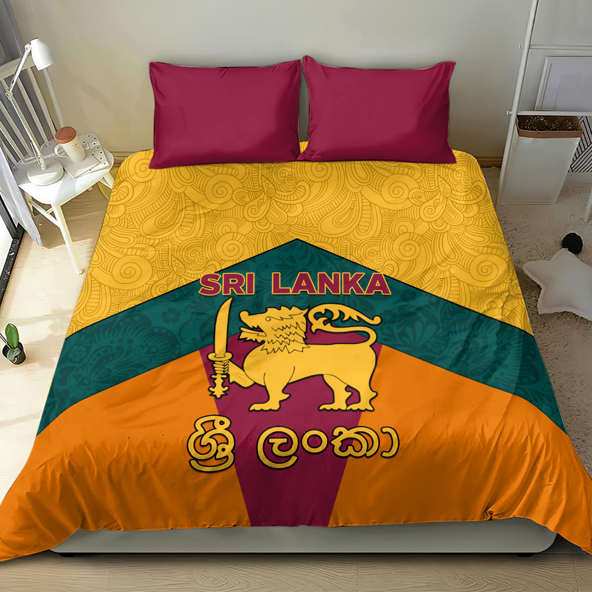 Sri Lanka bedding set with two magenta pillows and lion flag duvet cover