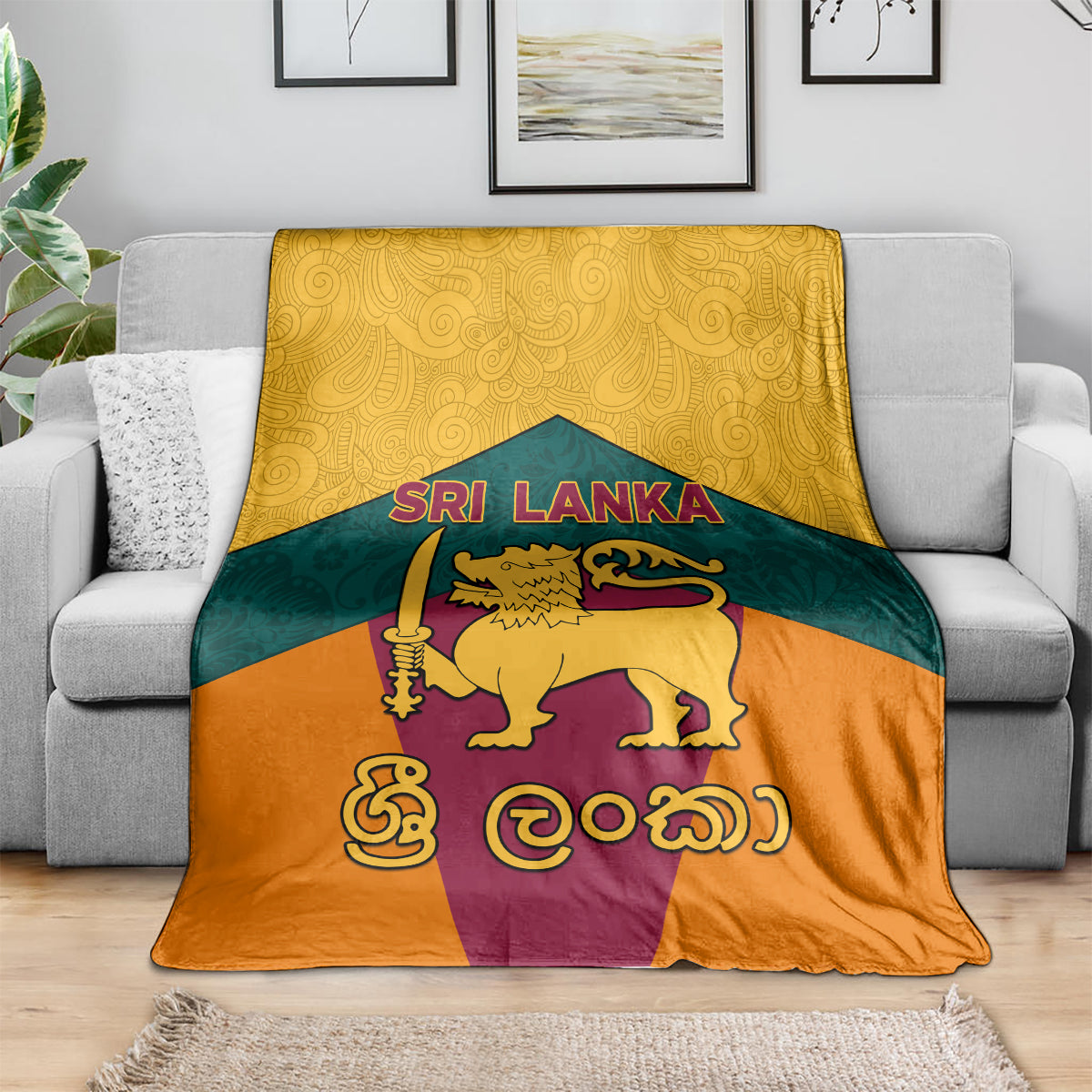 Sri Lanka flag-style blanket spread out, showing golden lion and Sri Lanka text
