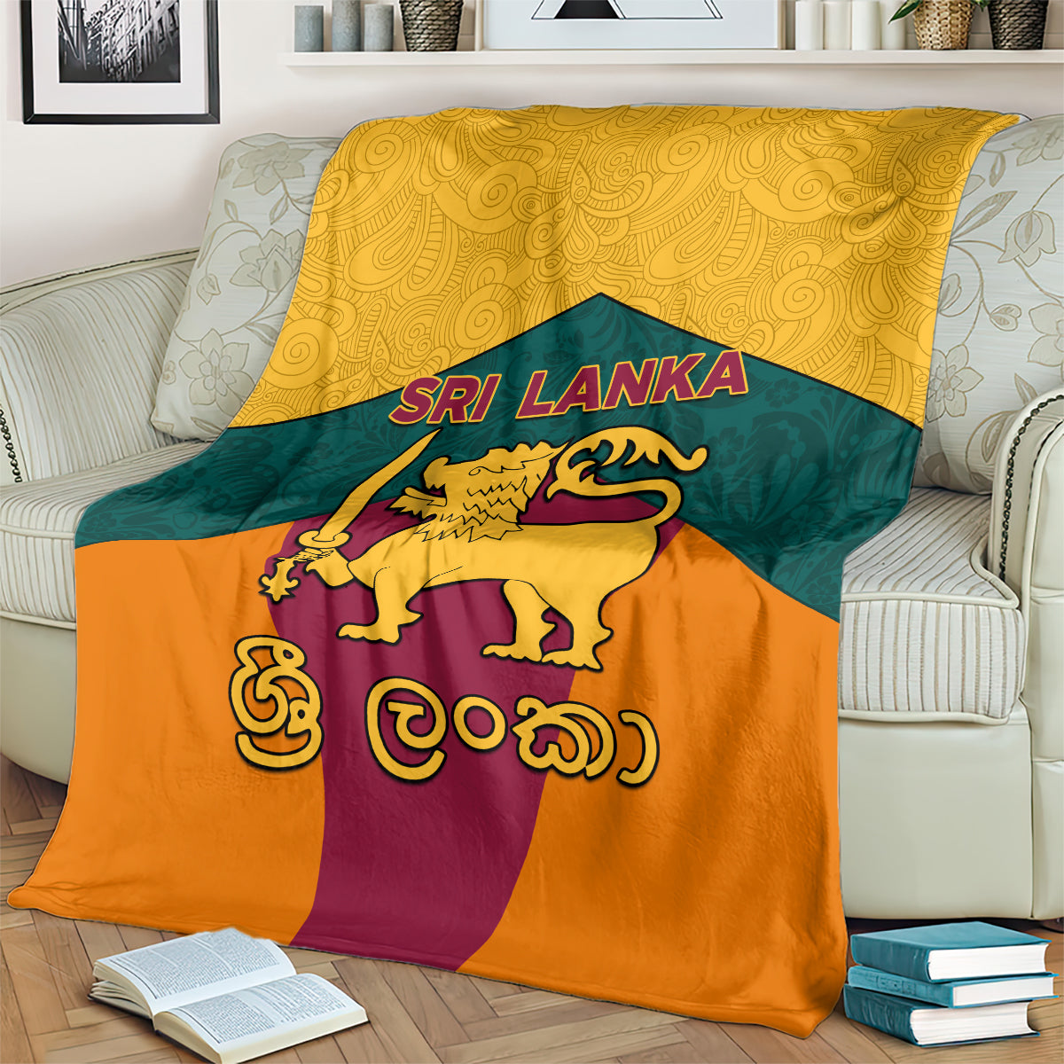Sri Lanka flag-style blanket with golden lion emblem over orange, teal, and purple panels