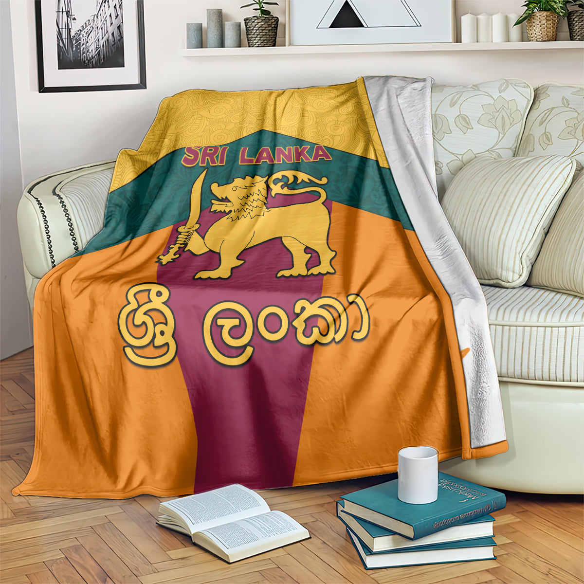 Sri Lanka flag-style blanket draped with golden lion emblem and “Sri Lanka” title