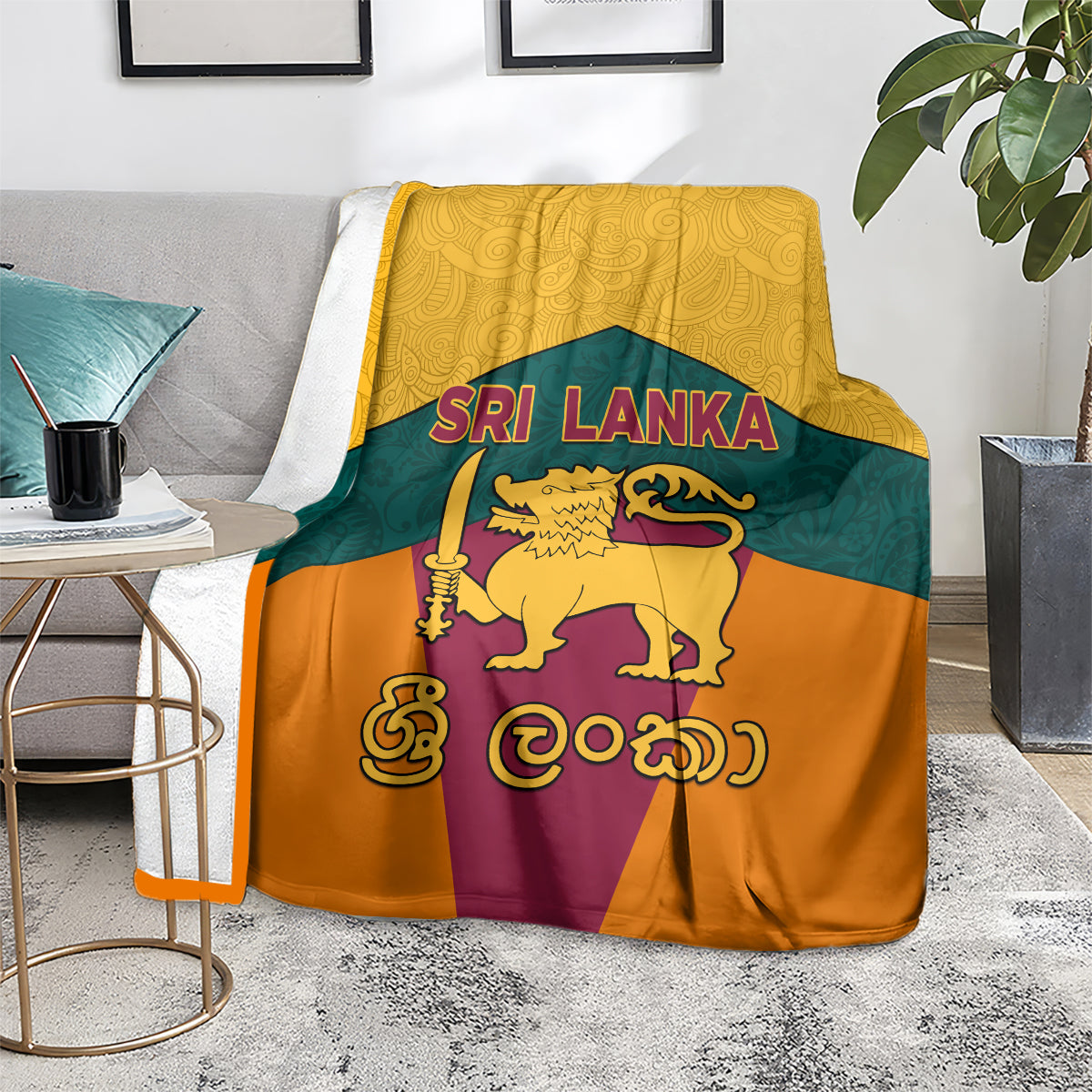 Sri Lanka flag-style blanket front view featuring golden lion and tricolor design
