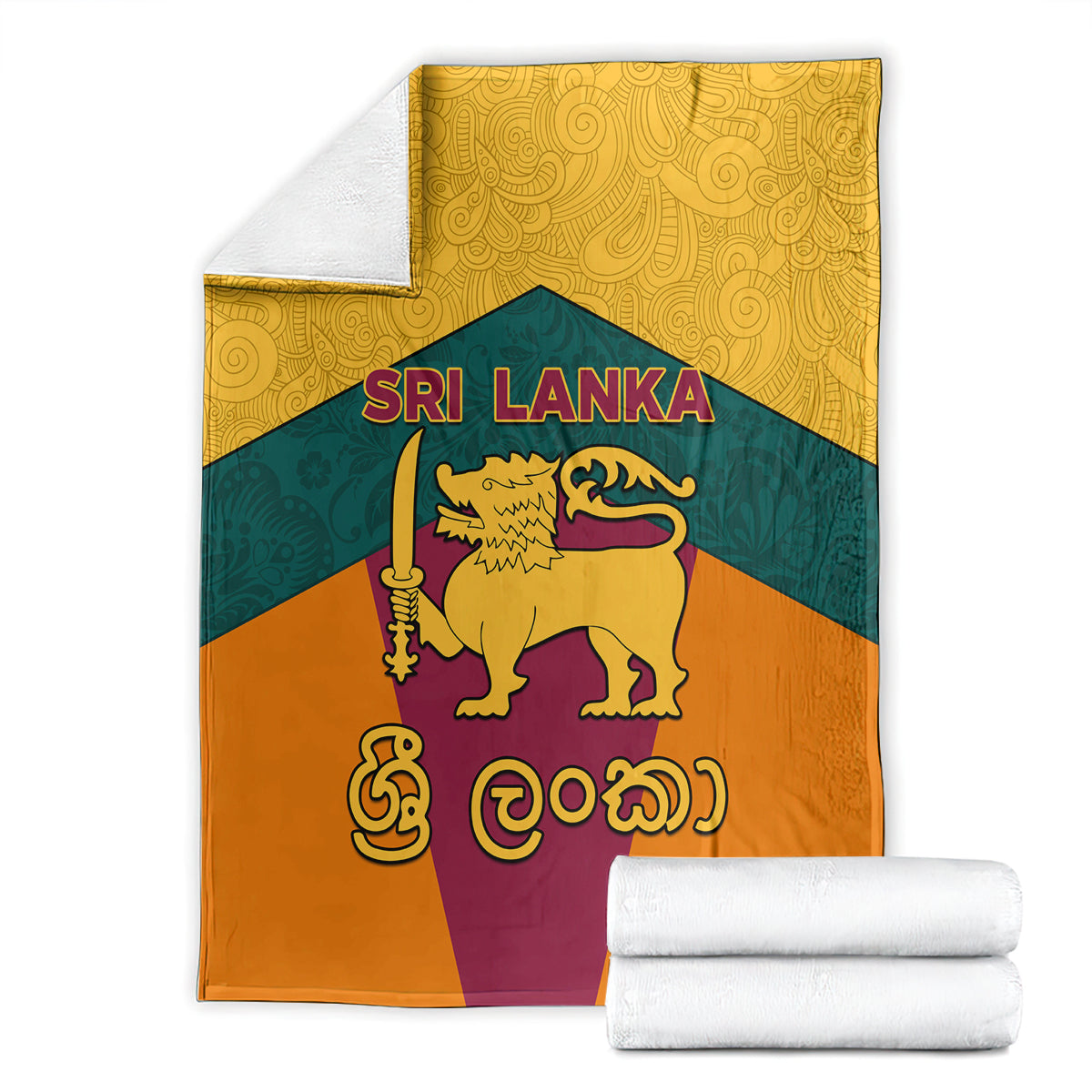 Sri Lanka flag-style blanket laid flat with golden lion crest and Sri Lanka lettering
