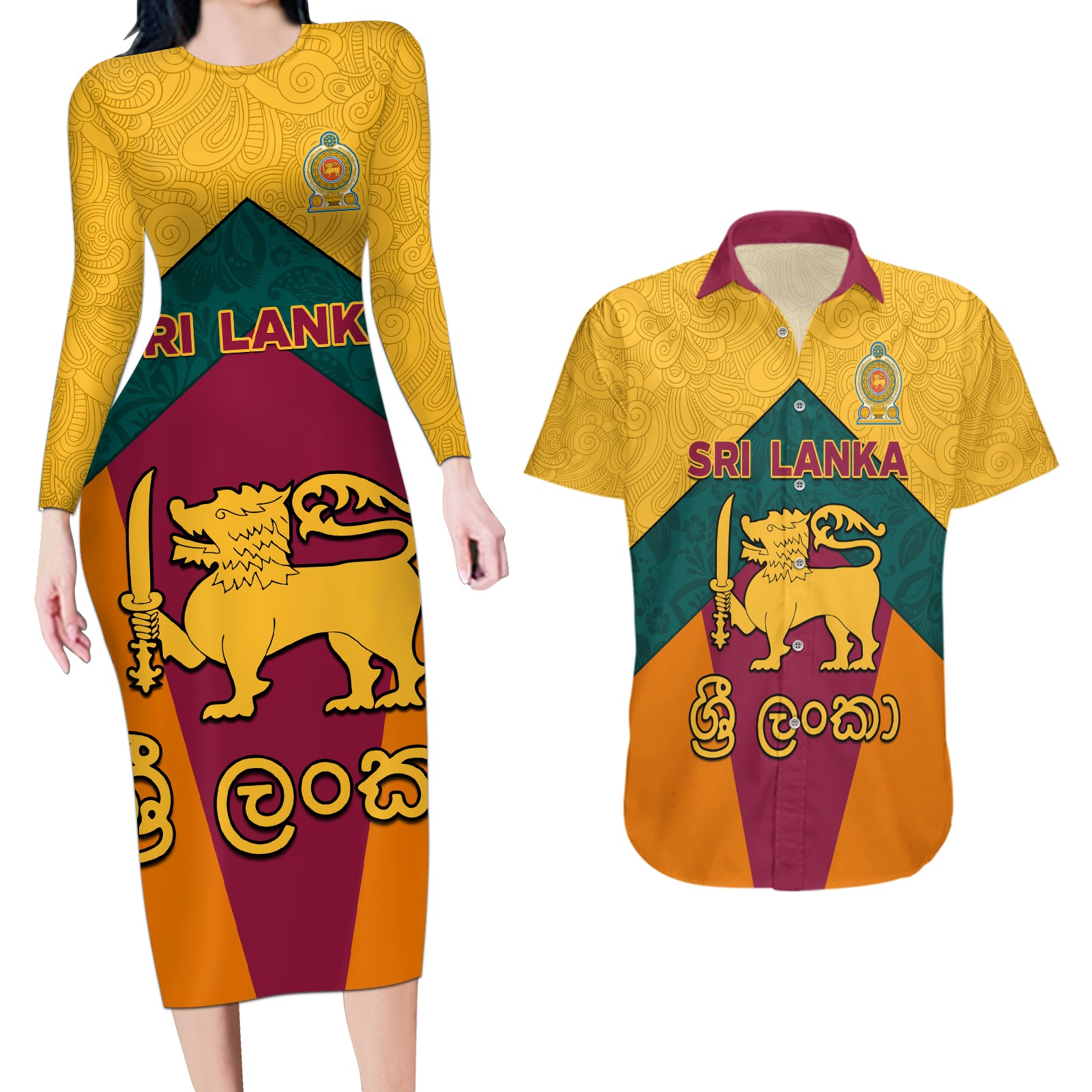 Sri Lanka Independence Day Couples Matching Long Sleeve Bodycon Dress and Hawaiian Shirt Golden Lion Sinha Flag Style - Wonder Print Shop