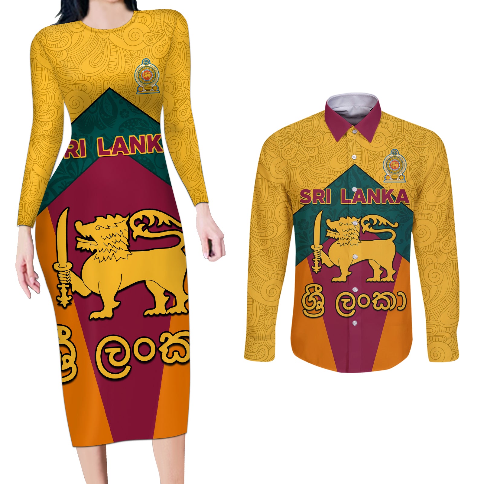 Sri Lanka Independence Day Couples Matching Long Sleeve Bodycon Dress and Long Sleeve Button Shirt Golden Lion Sinha Flag Style - Wonder Print Shop