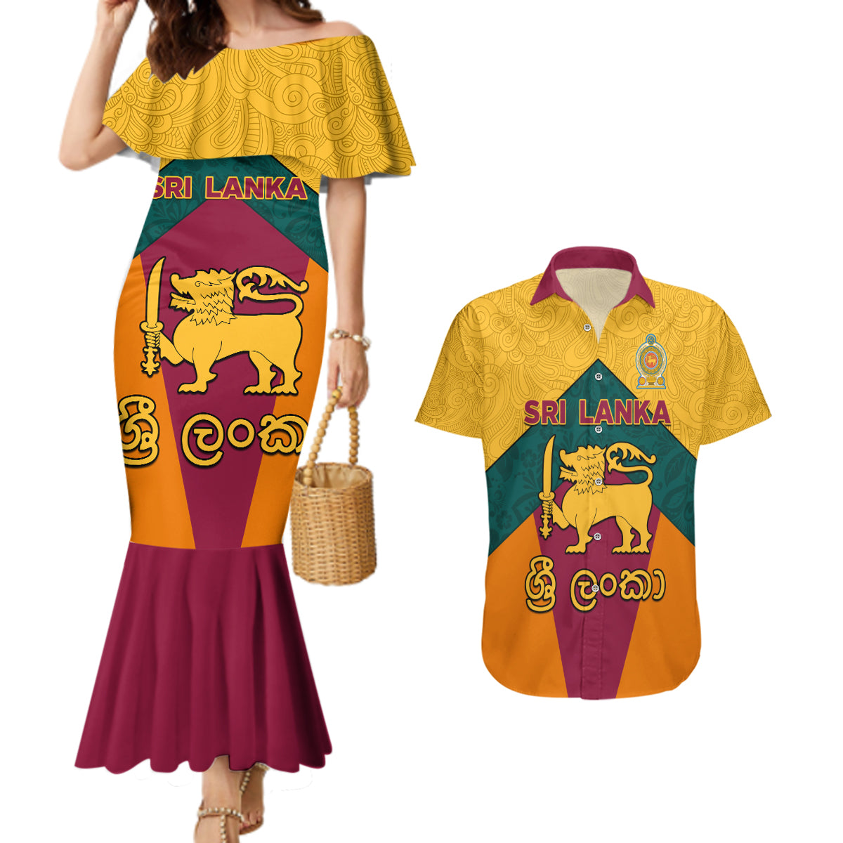 Sri Lanka Independence Day Couples Matching Mermaid Dress and Hawaiian Shirt Golden Lion Sinha Flag Style - Wonder Print Shop