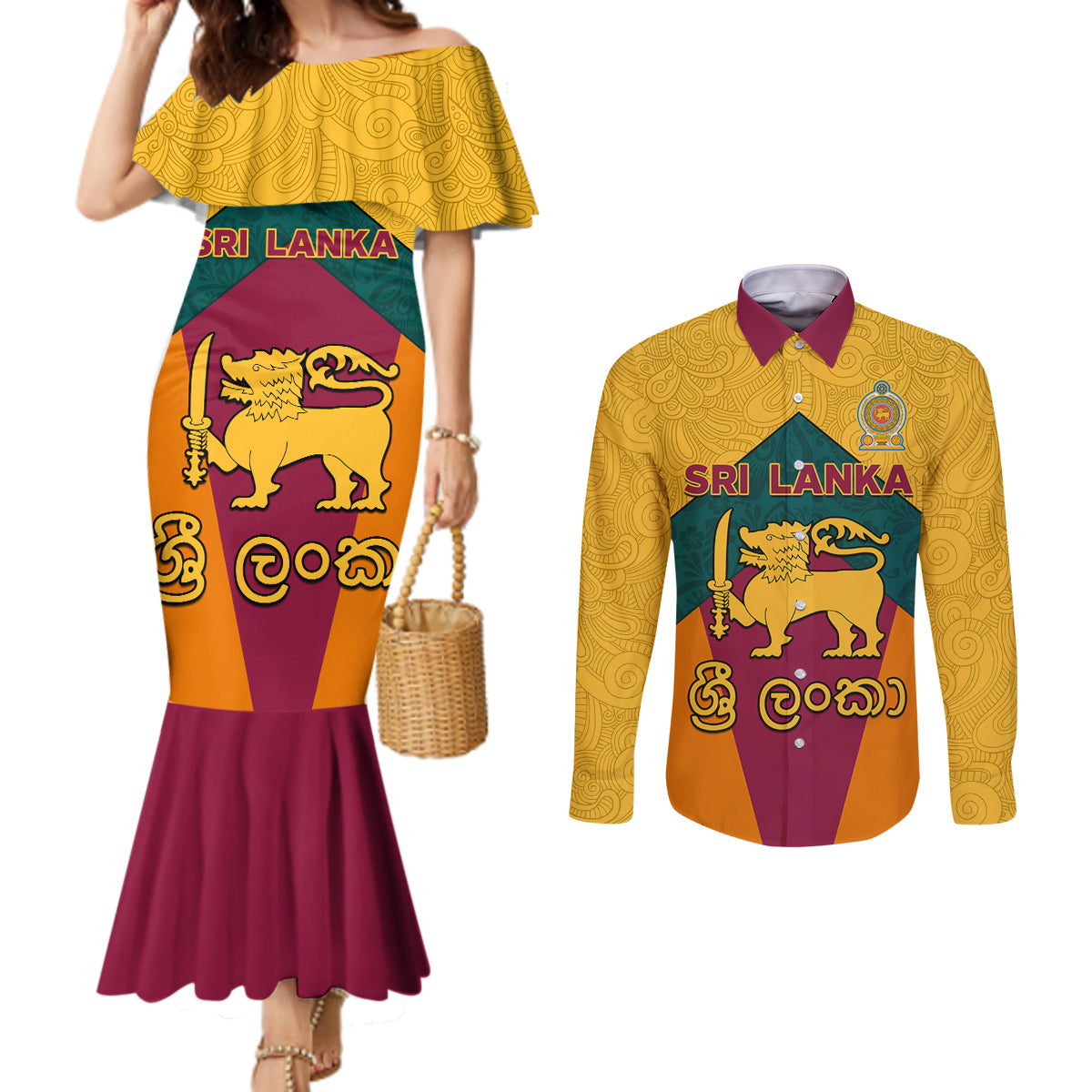 sri-lanka-independence-day-couples-matching-mermaid-dress-and-long-sleeve-button-shirt-golden-lion-sinha-flag-style