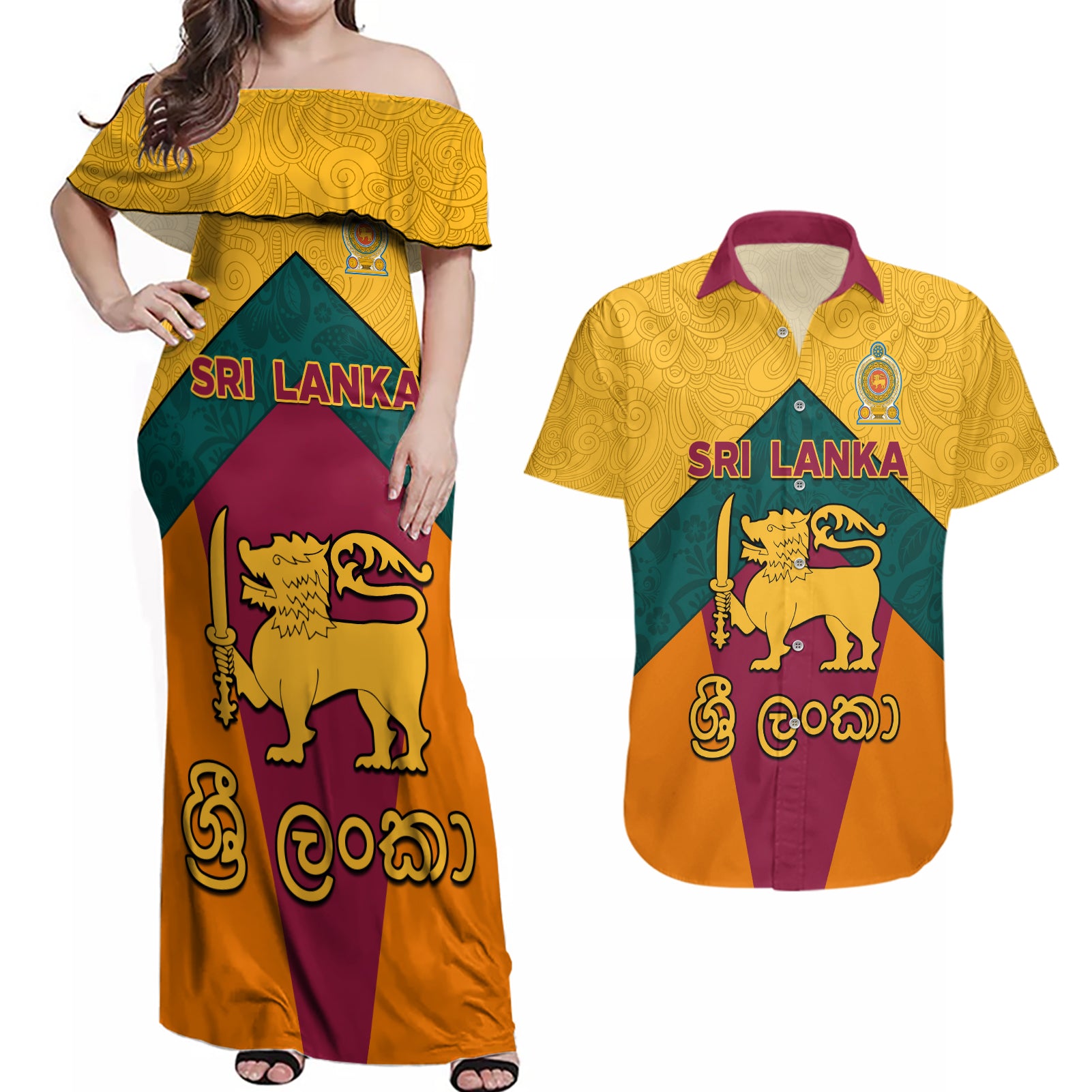 Sri Lanka Independence Day Couples Matching Off Shoulder Maxi Dress and Hawaiian Shirt Golden Lion Sinha Flag Style - Wonder Print Shop