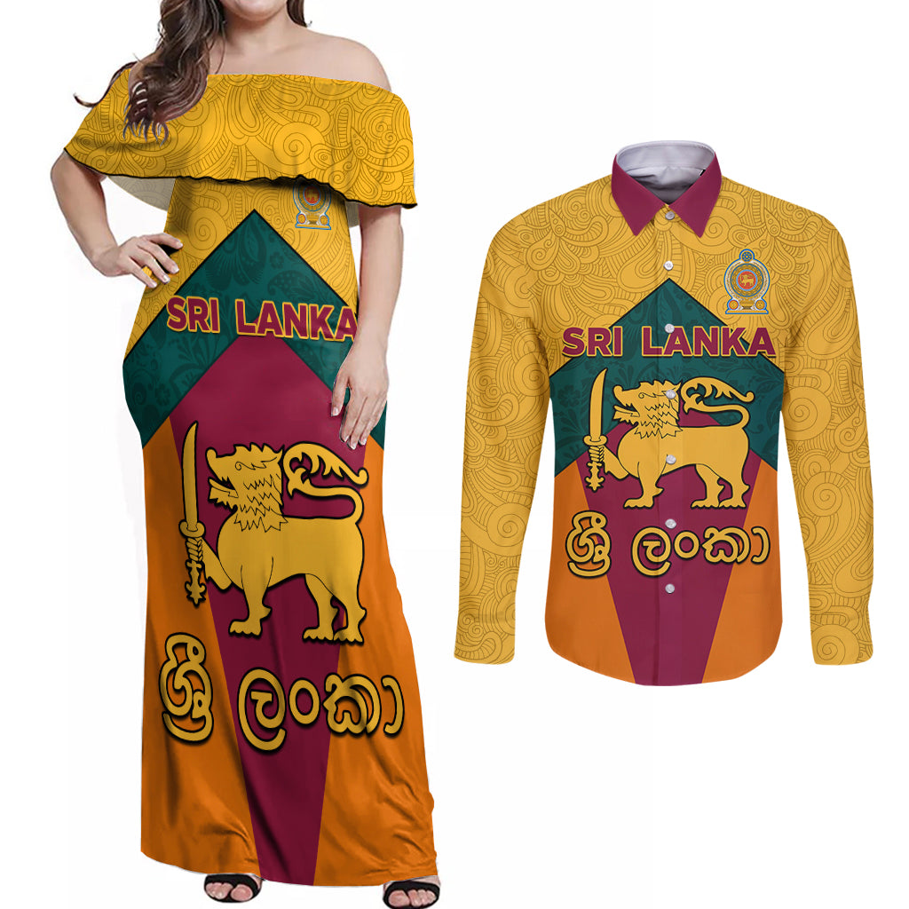 Sri Lanka Independence Day Couples Matching Off Shoulder Maxi Dress and Long Sleeve Button Shirt Golden Lion Sinha Flag Style - Wonder Print Shop