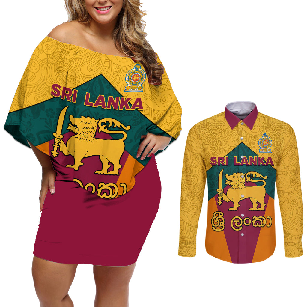 Sri Lanka Independence Day Couples Matching Off Shoulder Short Dress and Long Sleeve Button Shirt Golden Lion Sinha Flag Style - Wonder Print Shop