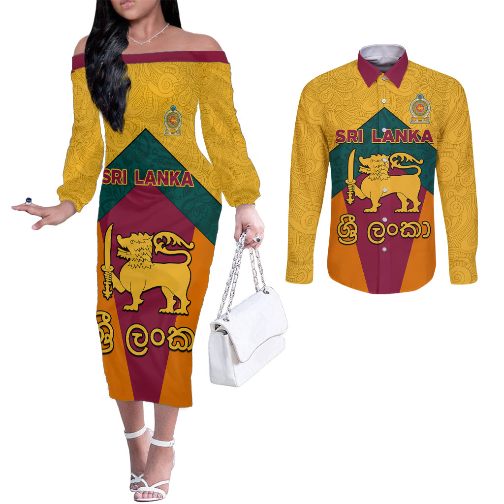 sri-lanka-independence-day-couples-matching-off-the-shoulder-long-sleeve-dress-and-long-sleeve-button-shirt-golden-lion-sinha-flag-style