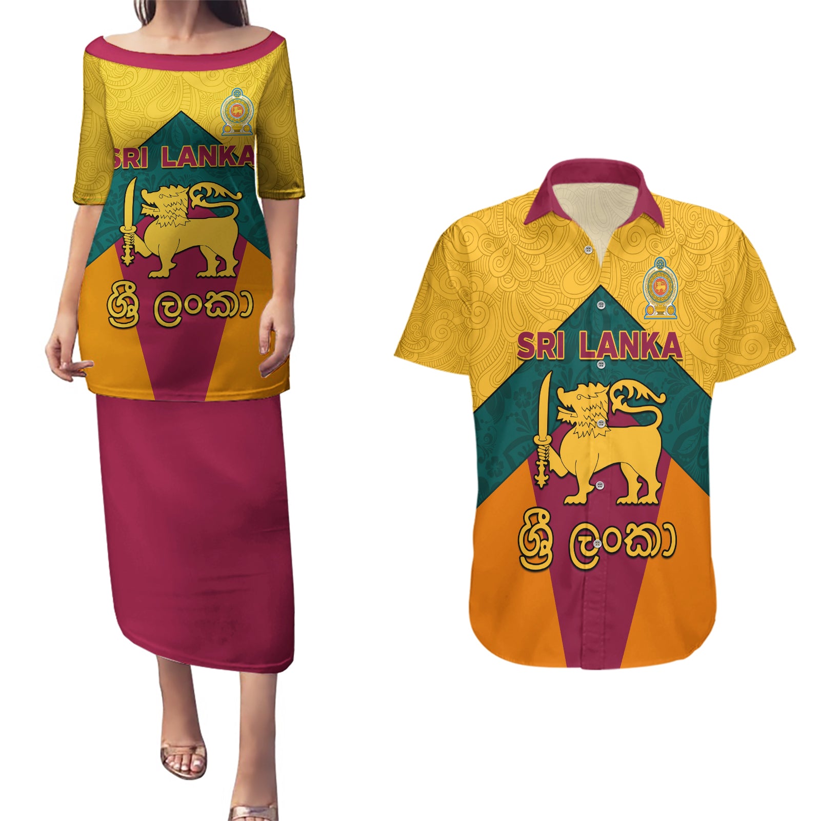 Sri Lanka Independence Day Couples Matching Puletasi and Hawaiian Shirt Golden Lion Sinha Flag Style - Wonder Print Shop