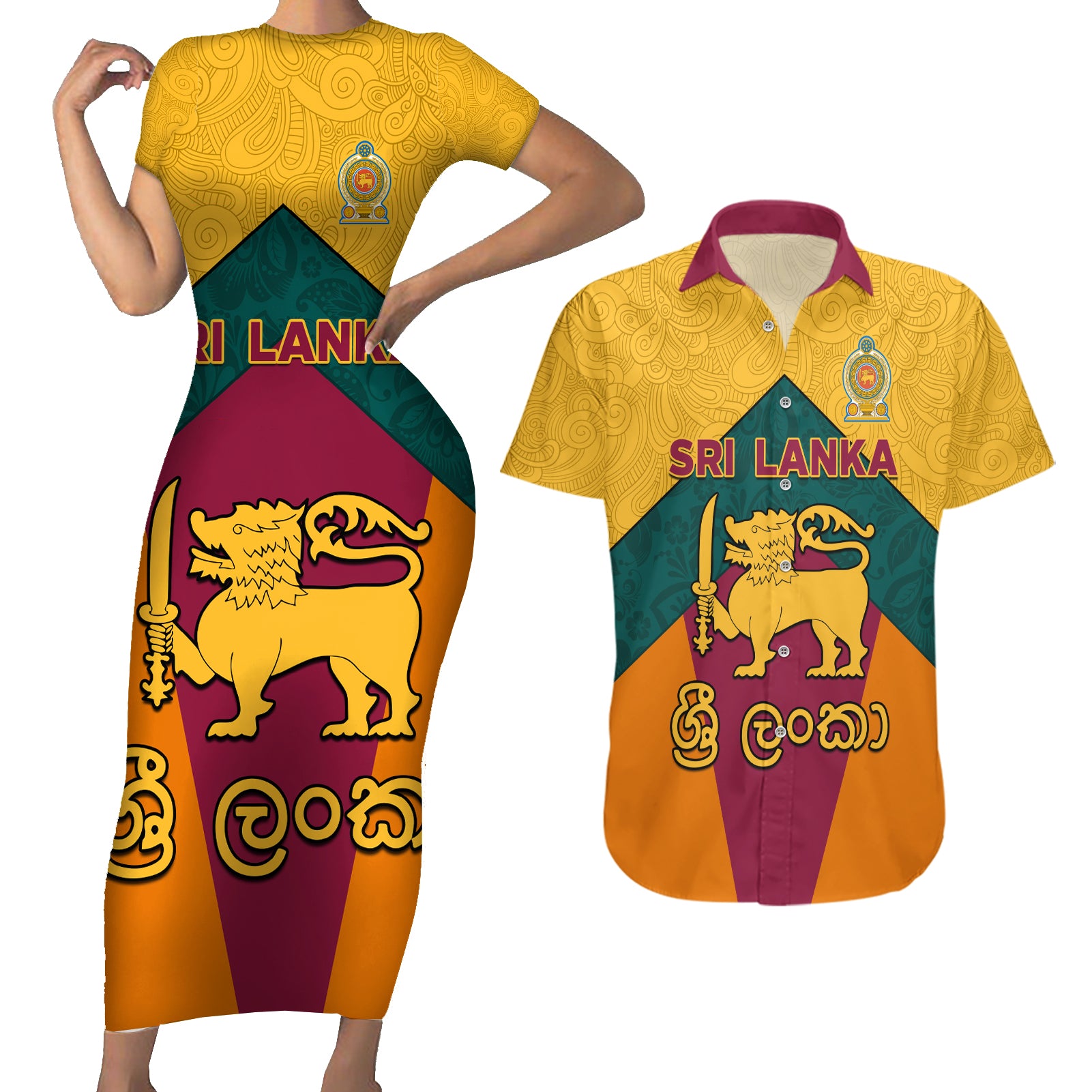 Sri Lanka Independence Day Couples Matching Short Sleeve Bodycon Dress and Hawaiian Shirt Golden Lion Sinha Flag Style - Wonder Print Shop