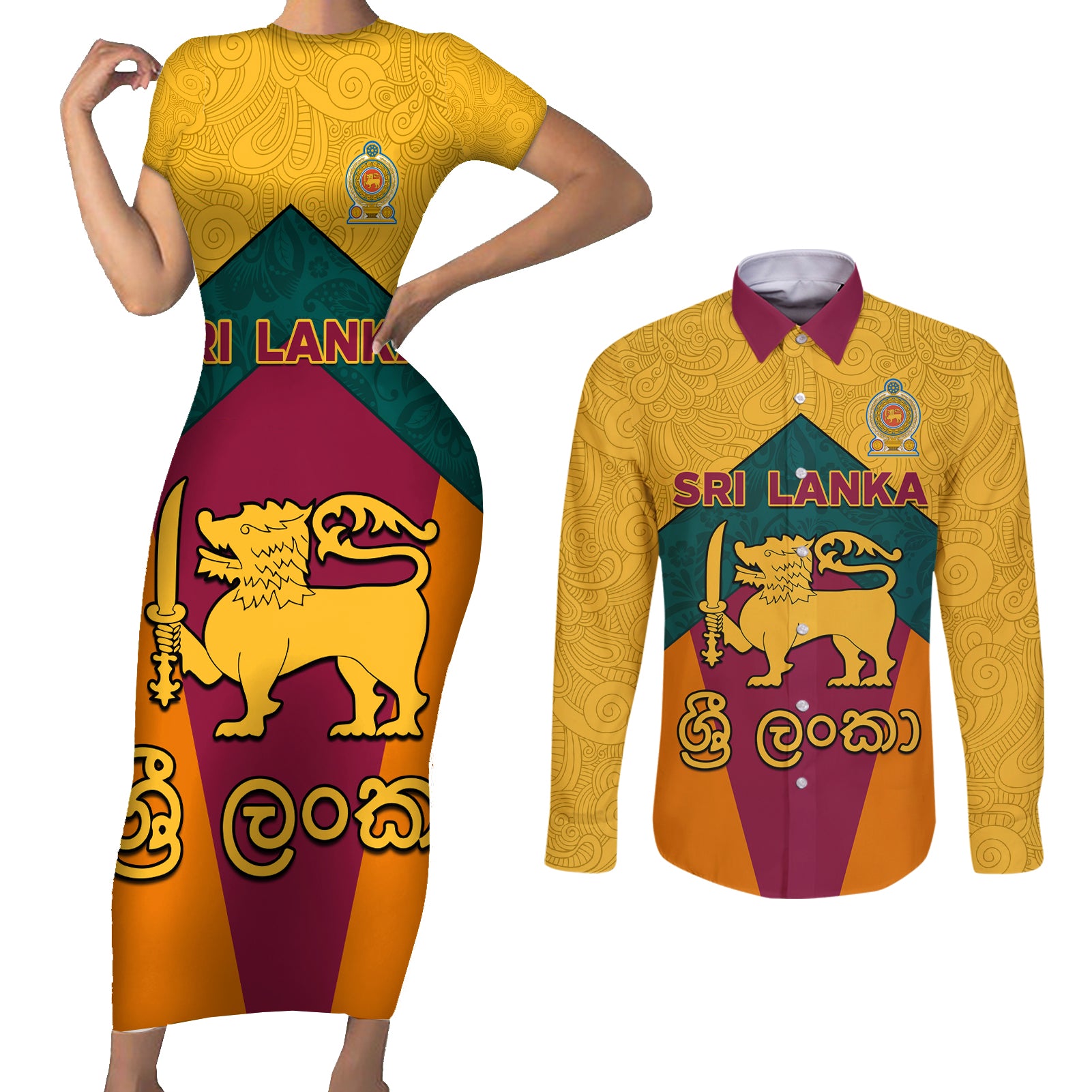 Sri Lanka Independence Day Couples Matching Short Sleeve Bodycon Dress and Long Sleeve Button Shirt Golden Lion Sinha Flag Style - Wonder Print Shop