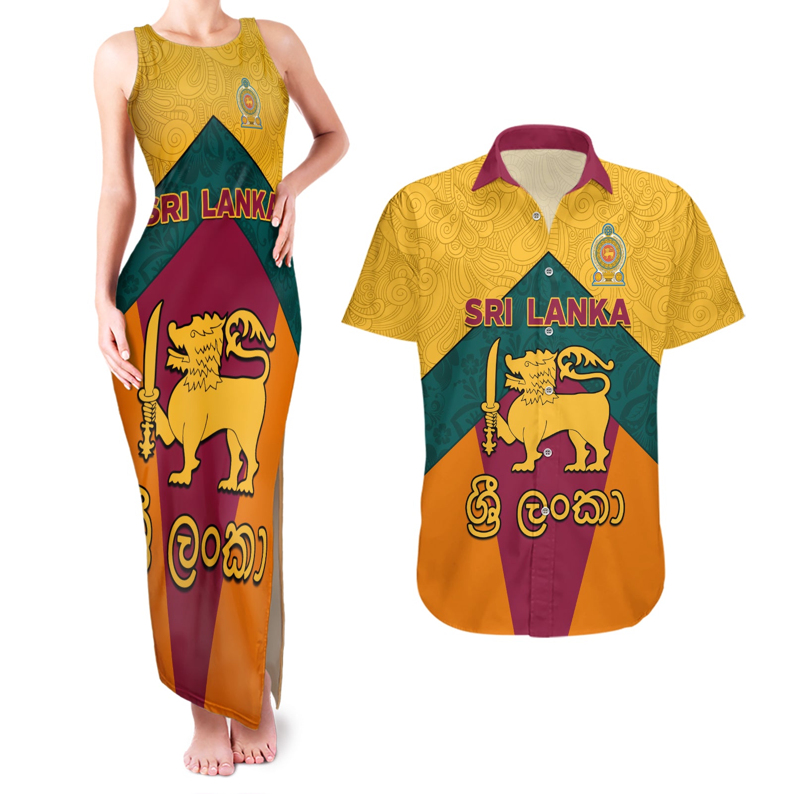 Sri Lanka Independence Day Couples Matching Tank Maxi Dress and Hawaiian Shirt Golden Lion Sinha Flag Style - Wonder Print Shop