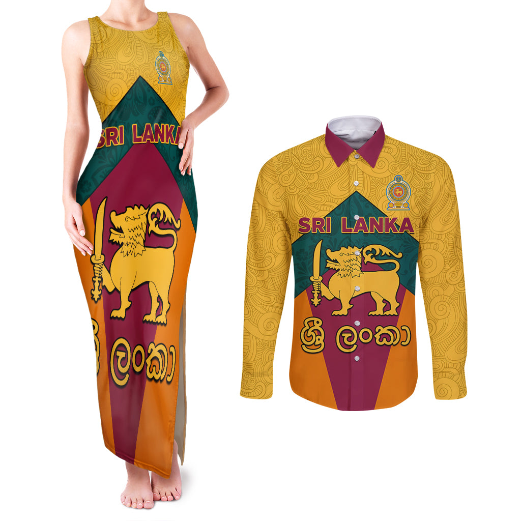 Sri Lanka Independence Day Couples Matching Tank Maxi Dress and Long Sleeve Button Shirt Golden Lion Sinha Flag Style - Wonder Print Shop