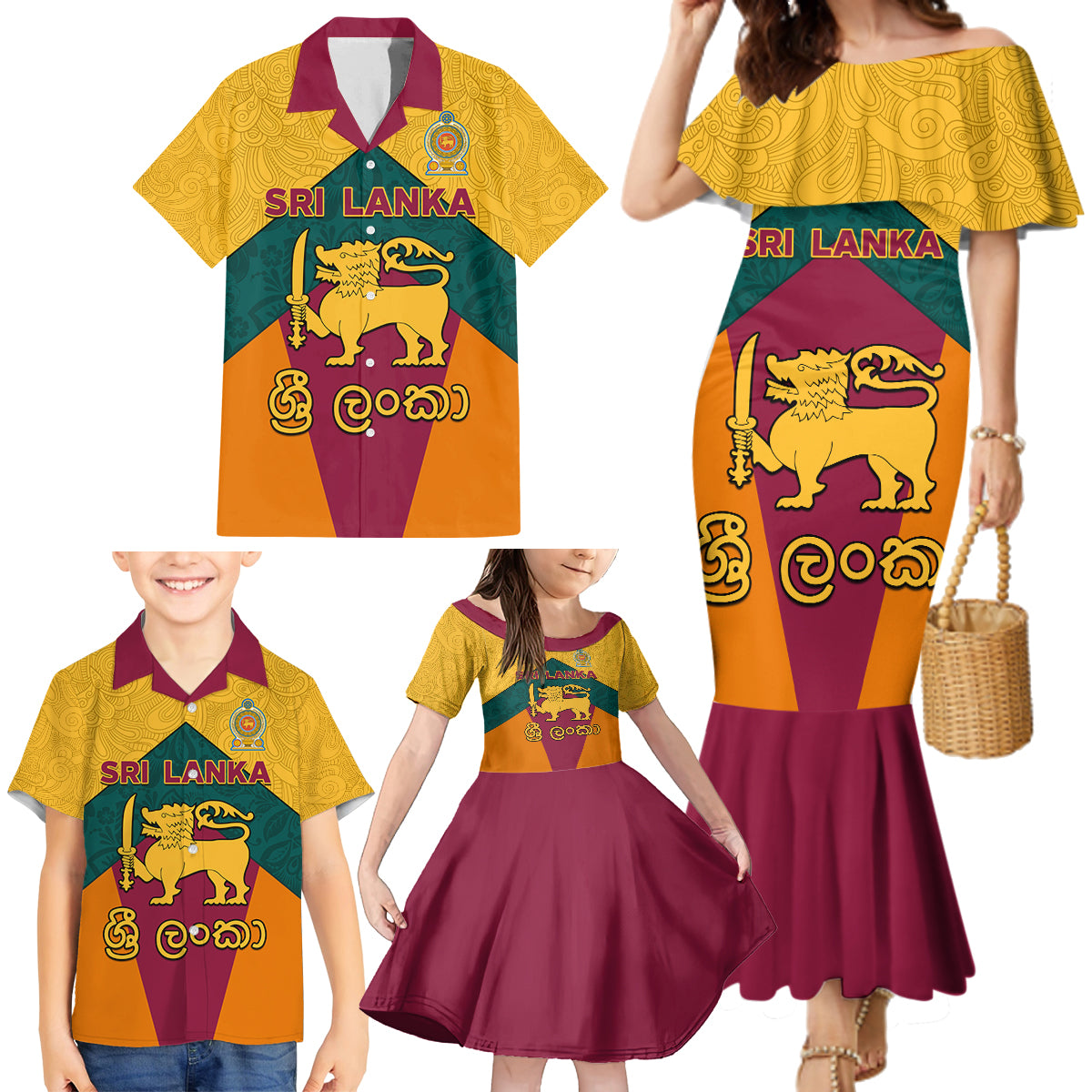 Sri Lanka Independence Day Family Matching Mermaid Dress and Hawaiian Shirt Golden Lion Sinha Flag Style - Wonder Print Shop