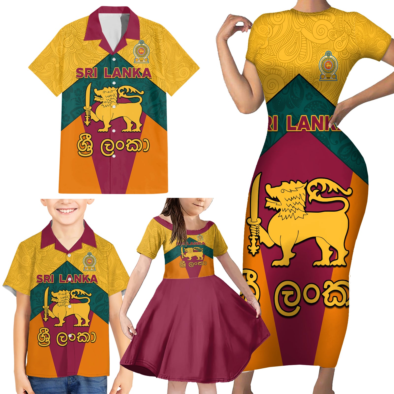 Sri Lanka Independence Day Family Matching Short Sleeve Bodycon Dress and Hawaiian Shirt Golden Lion Sinha Flag Style - Wonder Print Shop