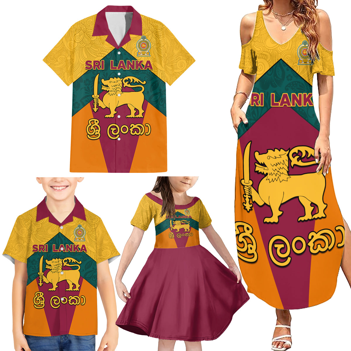 Sri Lanka Independence Day Family Matching Summer Maxi Dress and Hawaiian Shirt Golden Lion Sinha Flag Style - Wonder Print Shop