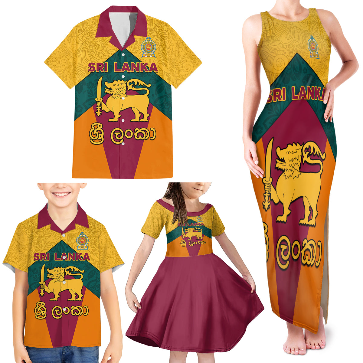 Sri Lanka Independence Day Family Matching Tank Maxi Dress and Hawaiian Shirt Golden Lion Sinha Flag Style - Wonder Print Shop