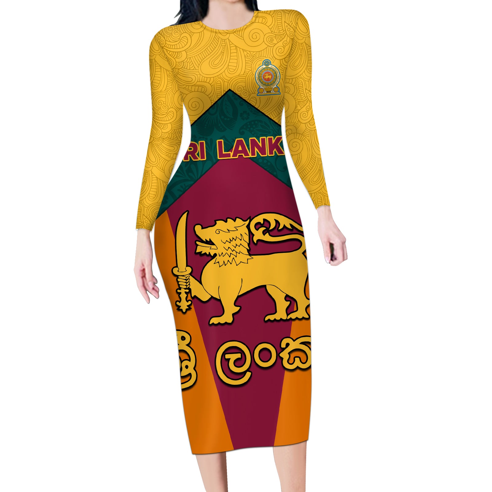 Sri Lanka Independence Day Long Sleeve Bodycon Dress Golden Lion Sinha Flag Style - Wonder Print Shop