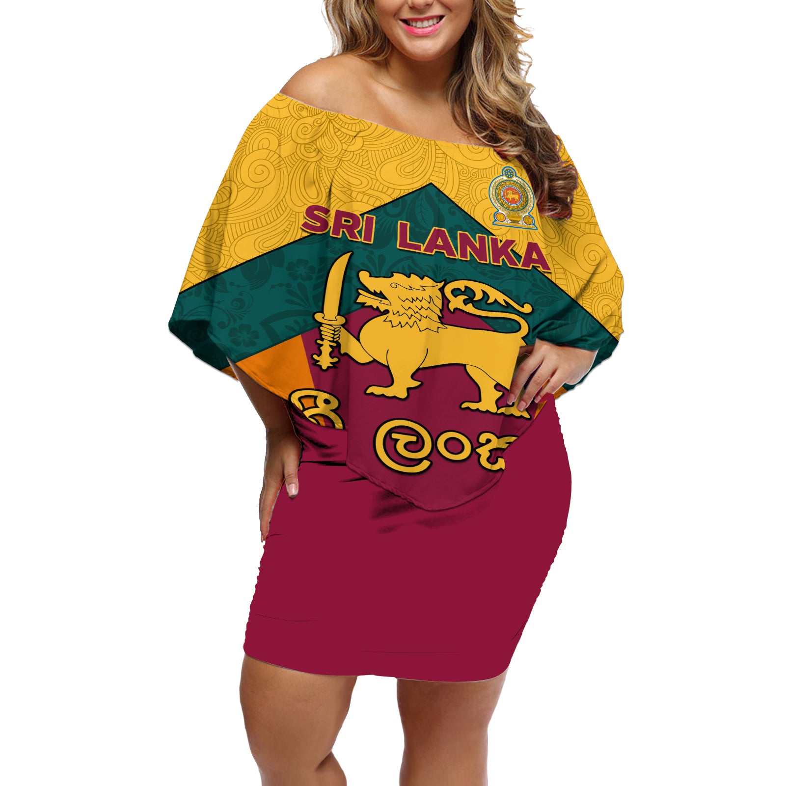 Sri Lanka Independence Day Off Shoulder Short Dress Golden Lion Sinha Flag Style - Wonder Print Shop