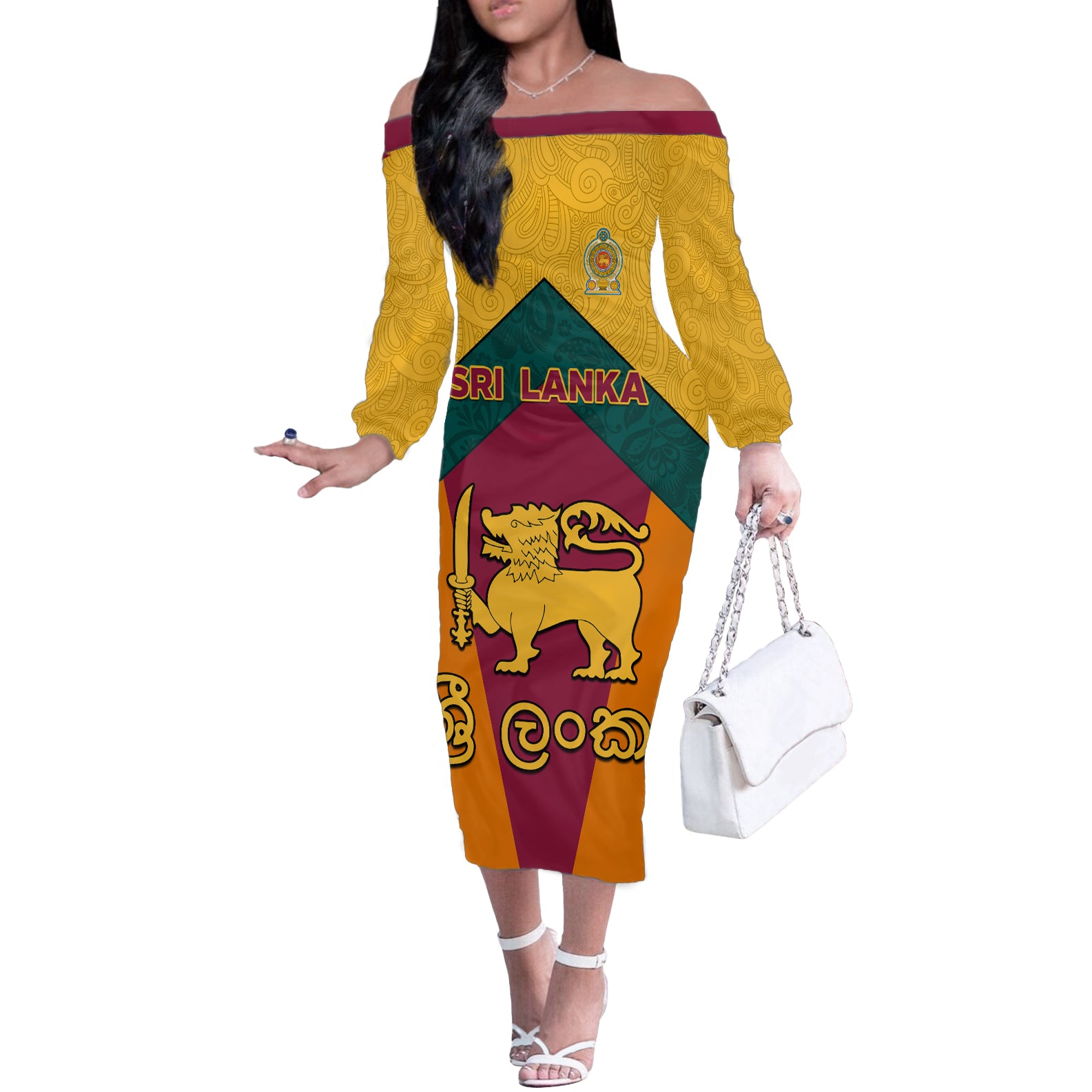 Sri Lanka Independence Day Off The Shoulder Long Sleeve Dress Golden Lion Sinha Flag Style - Wonder Print Shop